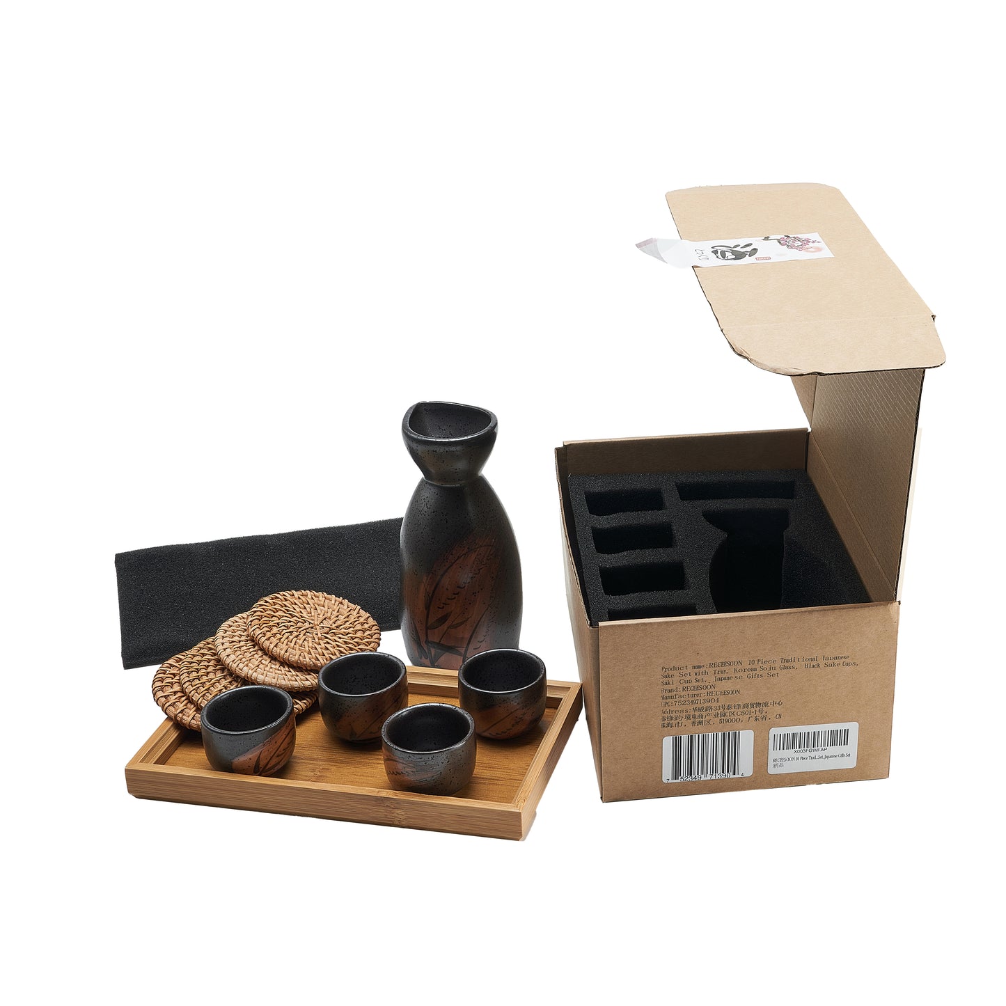10 Piece Traditional Japanese Sake Set with Tray, Korean Soju Glass, Black Sake Cups, Saki Cup Set, Japanese Gifts Set