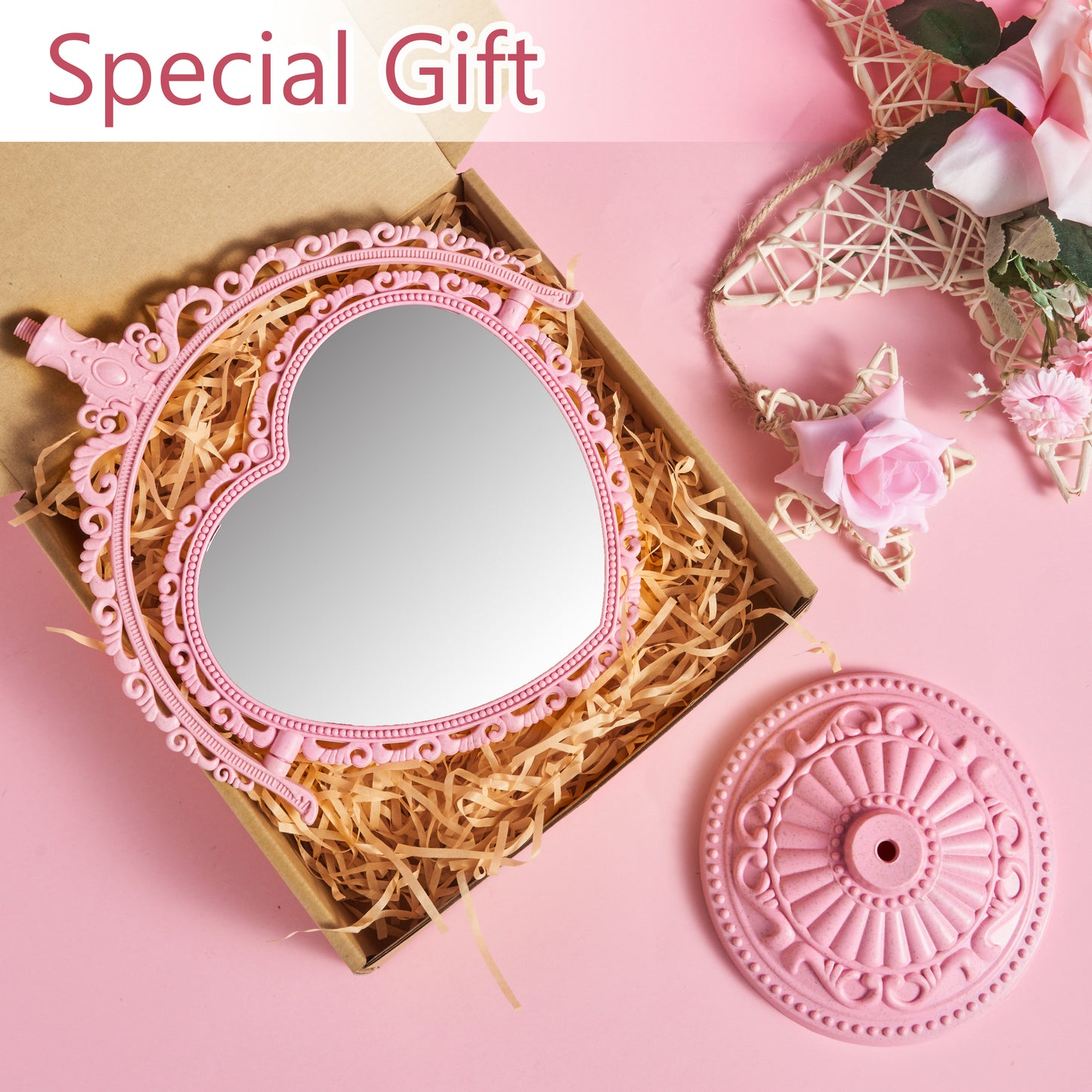 RECEESOON Pink Heart Mirror Double Sides, Vintage Makeup Mirror, Vintage Vanity Desk Decor, Danish Pastel Aesthetic Room Décor