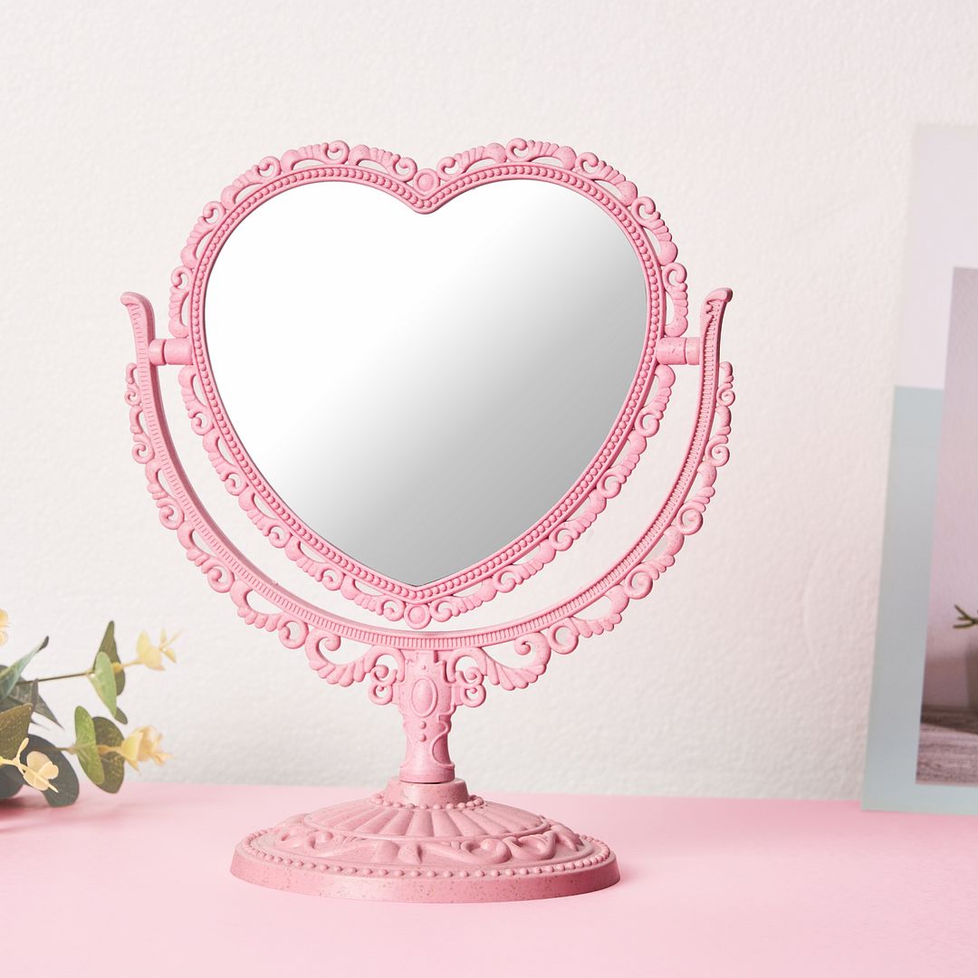 RECEESOON Pink Heart Mirror Double Sides, Vintage Makeup Mirror, Vintage Vanity Desk Decor, Danish Pastel Aesthetic Room Décor
