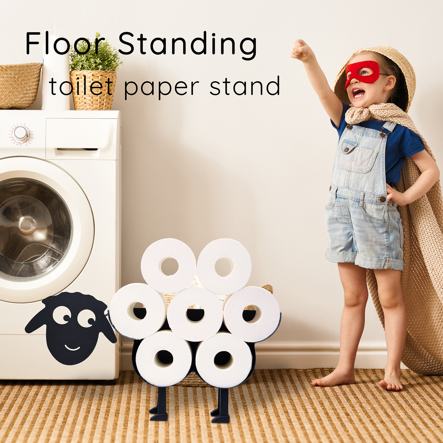 Sheep Toilet Paper Holder 2 in 1, Wall Mounted or Free Standing Bathroom Toilet Paper Roll Storage, Matte Black Bathroom Accessories (2in1)