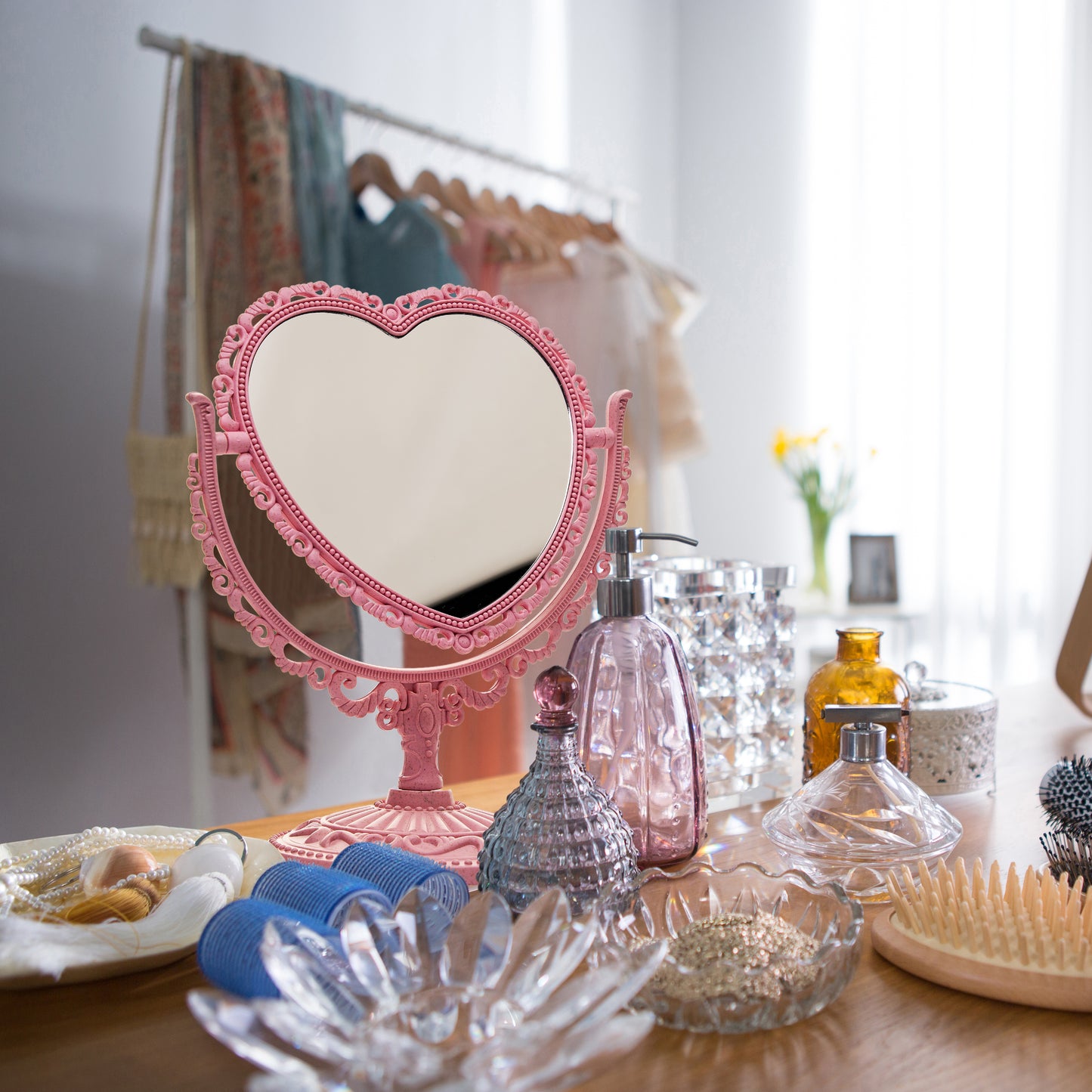 RECEESOON Pink Heart Mirror Double Sides, 1X / 3X Magnifying Desk Mirror, Pink Vintage Mirror, Coquette Danish Pastel Room Decor Aesthetic