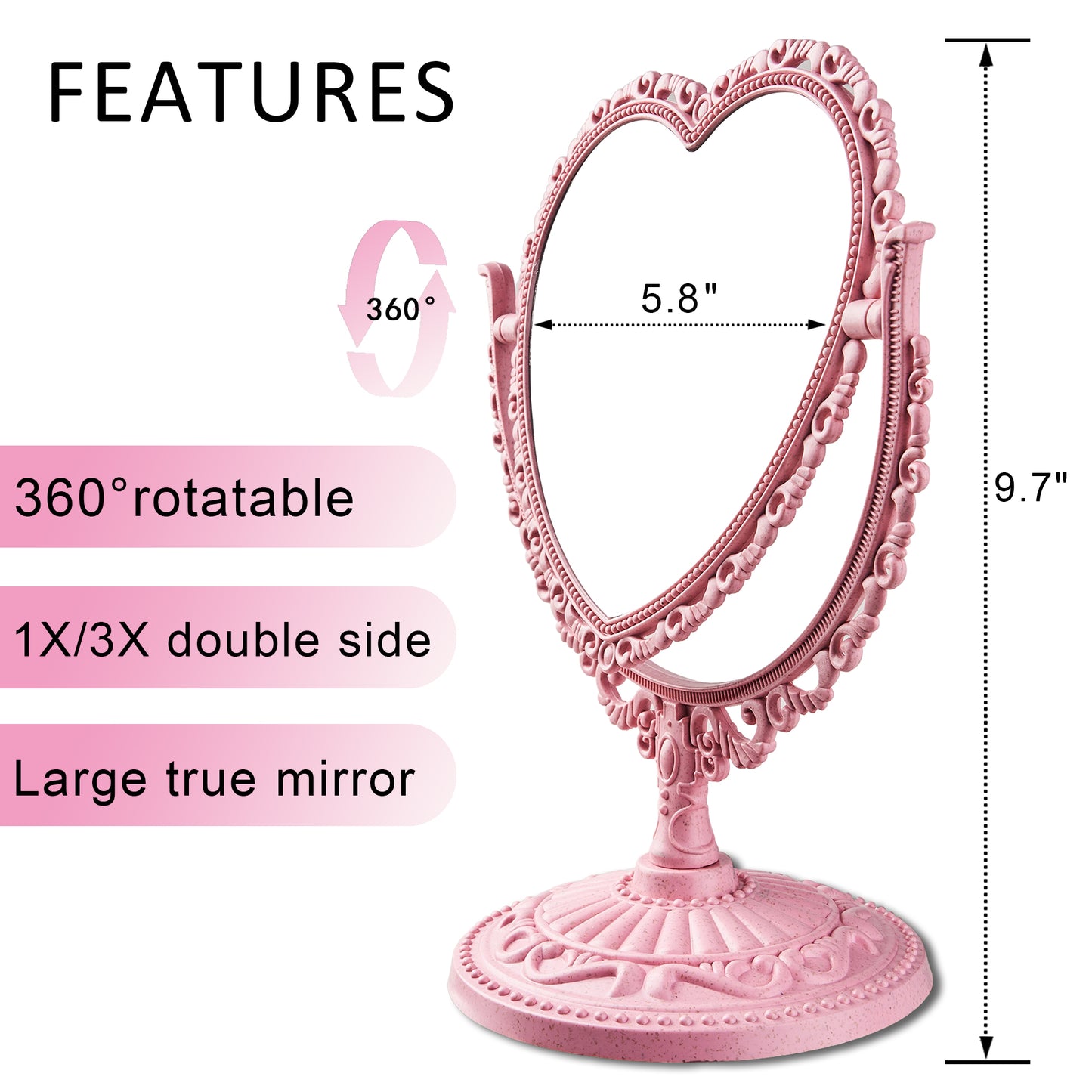 RECEESOON Pink Heart Mirror Double Sides, 1X / 3X Magnifying Desk Mirror, Pink Vintage Mirror, Coquette Danish Pastel Room Decor Aesthetic