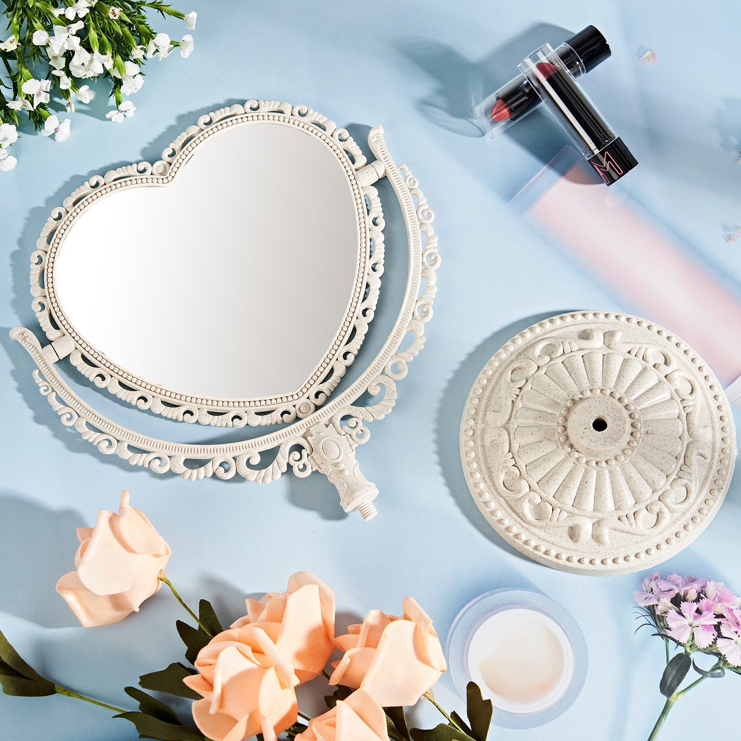 RECEESOON White Heart Mirror Double Sides, Aesthetic Heart Shaped Mirror, Vanity Makeup Mirror for Desk, Cute Vintage Mirror